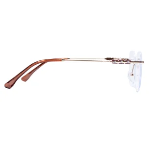 Side profile of OpteLux OGD754 titanium rimless eyeglasses showcasing golden titanium arms and refined brown temple tips.