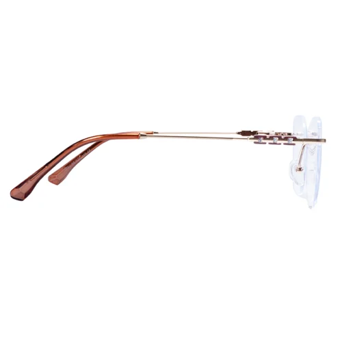 Side profile of OpteLux OGD754 titanium rimless eyeglasses showcasing golden titanium arms and refined brown temple tips.
