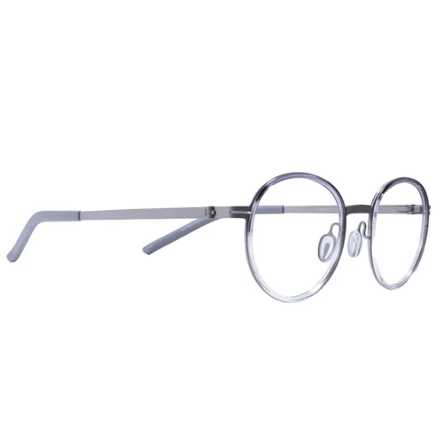OpteLux OHN278 clear round eyeglass frames with grey titanium temples – left angle
