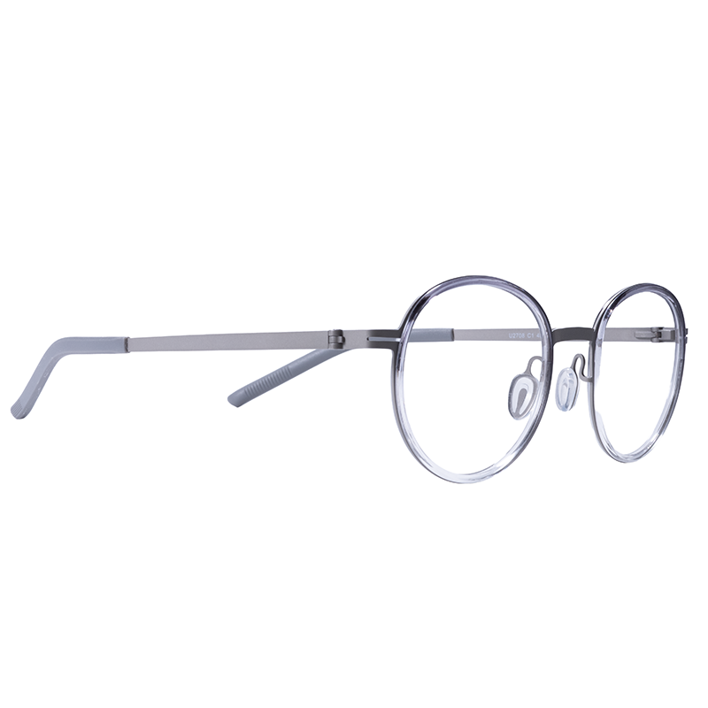 OpteLux OHN278 clear round eyeglass frames with grey titanium temples – left angle