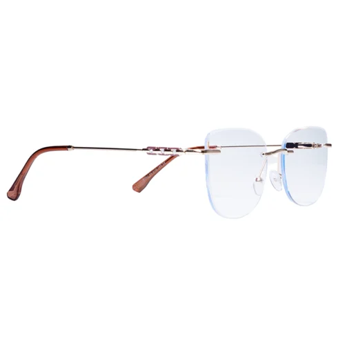 45-degree angled view of OpteLux OGD754 titanium rimless eyeglasses emphasizing lightweight precision structure.