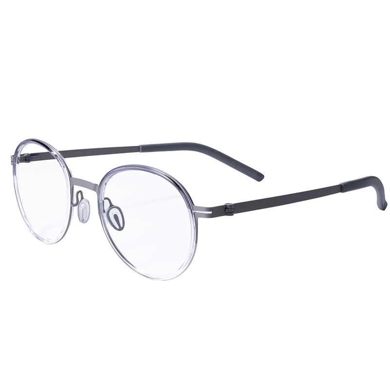 OpteLux OHN278 round eyeglass frames in clear grey with dark temples – right angle