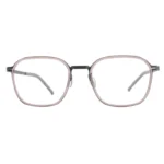 OpteLux OHN279 crown glasses front view with soft rose rim and dark grey temples