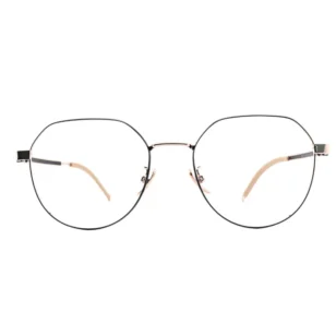 OpteLux OJO617 crown glasses – front view in black with rose-gold bridge and beige temple tips