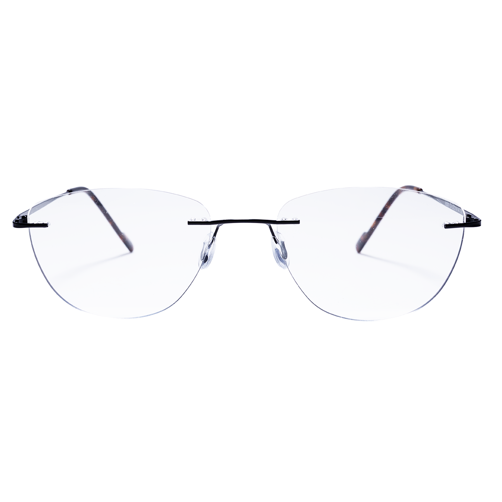 Front view of OpteLux OJY001 lightweight semi rimless glasses in black acetate front