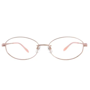 Optelux OKA8201 round glasses frames front view with slim rose-gold metal rim and soft pink temple tips