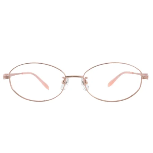 Optelux OKA8201 round glasses frames front view with slim rose-gold metal rim and soft pink temple tips