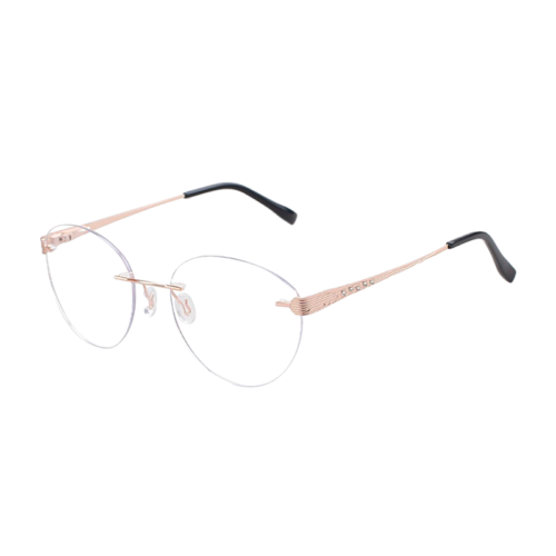 OpteLux OJY002 rimless circle glasses in Rose Champagne Alloy with black temple tips.