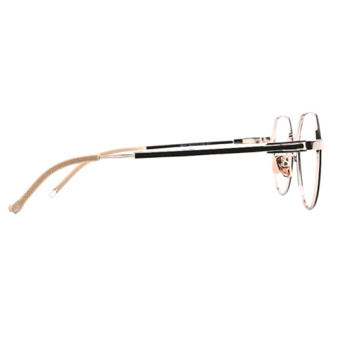 OpteLux OJO617 crown glasses – side view in black and rose-gold with beige patterned temple tip