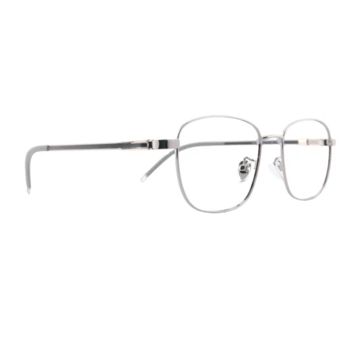 Optelux OJO620 light-silver square-frame glasses, three-quarter angle on white background
