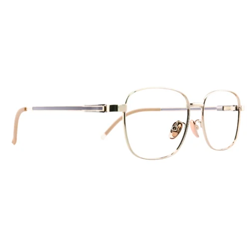 Three-quarter view of OpteLux OJO627 champagne square frame glasses