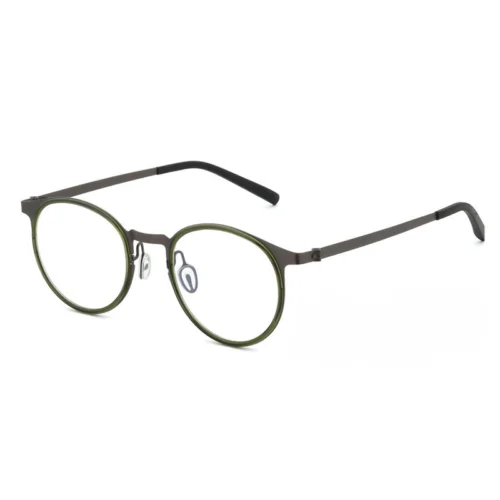 OpteLux OHN310 titanium Boston eyeglasses – angled view with classic round front