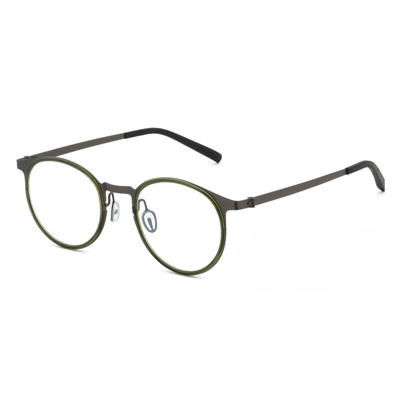 OpteLux OHN310 titanium Boston eyeglasses – angled view with classic round front