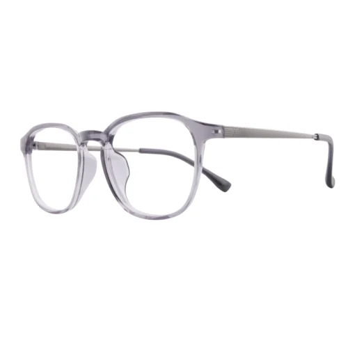 Three-quarter view of crystal grey OpteLux OHN604 boston glasses