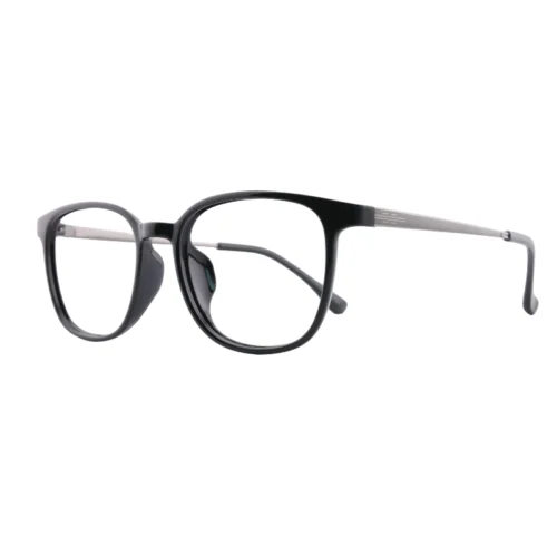 Three-quarter view of OpteLux OHN605 full rim eyewear in black and metal