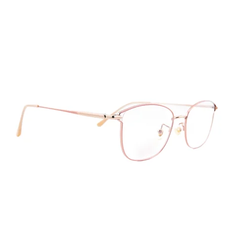 Angled three-quarter view of OpteLux OGL702 rose-gold round eyeglasses