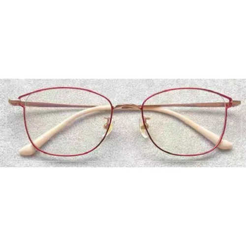 OpteLux OGL702 round eyeglasses with red front rim and light beige temples