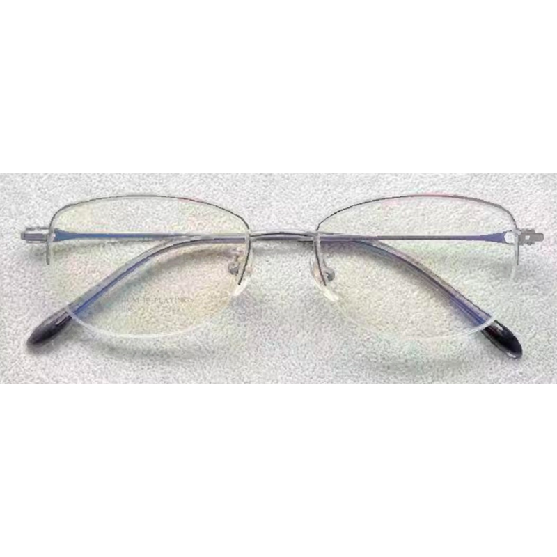 Front view of silver half-rim glasses with cool metallic front and dark temple tips