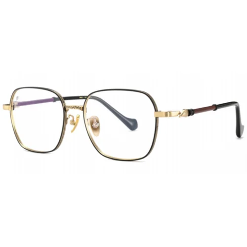 Angled view of OpteLux OSZCN054 wood retro glasses – premium titanium square eyewear with classic gold finish.