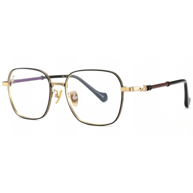 Angled view of OpteLux OSZCN054 wood retro glasses – premium titanium square eyewear with classic gold finish.