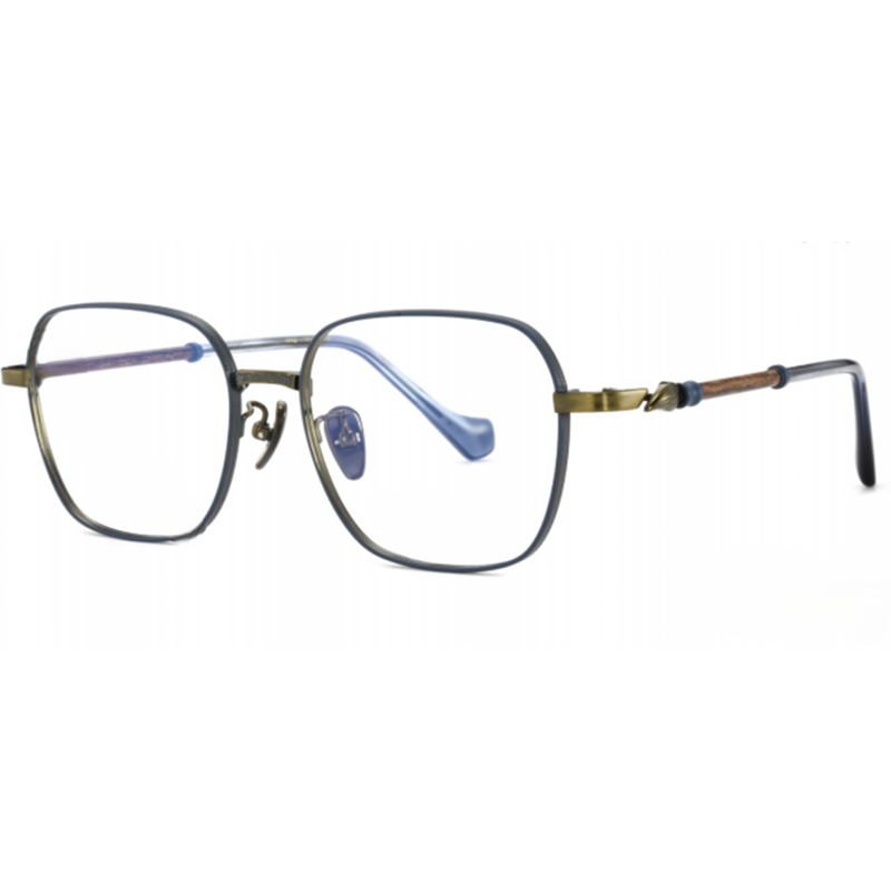OpteLux OSZCN054 blue gunmetal wood retro glasses – premium titanium square eyeglass frame for executives.