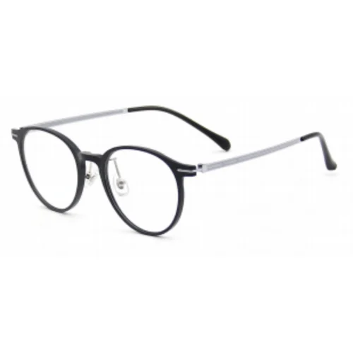 OpteLux OYH8403 titanium round glasses with contrast metal temples, angled view