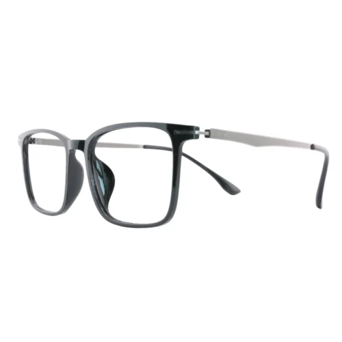 Side view of OpteLux OYH8413 square eyeglasses with deep green front and titanium arms