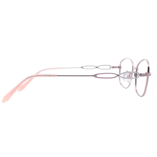 side view of OKA8118 rose gold titanium oval eyeglasses with pink temple tips