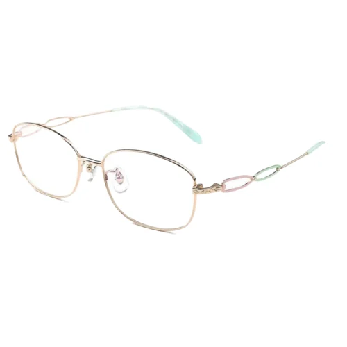 OKA8118 gold titanium oval eyeglasses with pastel mint and pink enamel temple accents