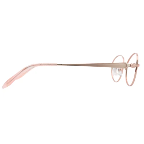 Optelux OKA8201 round glasses frames side view with tapered satin rose-gold temple and pink end tip