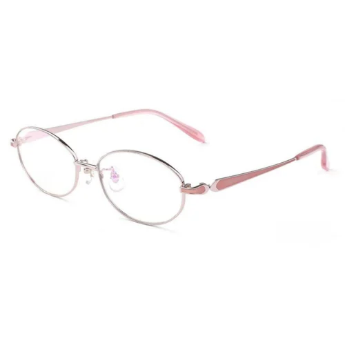Optelux OKA8201 round glasses frames in silver-pink finish with slim metal front and pink temple tips