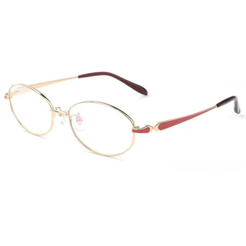 Optelux OKA8201 round glasses frames in gold with warm red temples and oval lenses