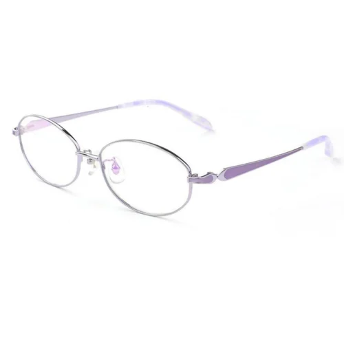 Optelux OKA8201 round glasses frames in silver with lavender temples and soft oval lenses