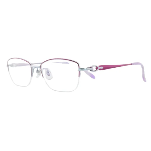 Angled view of Optelux OKA8202 semi rimless glasses with refined metal upper rim and tapered temple design