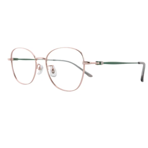OpteLux OKA8213 titanium round eyeglasses – three-quarter view with green temples