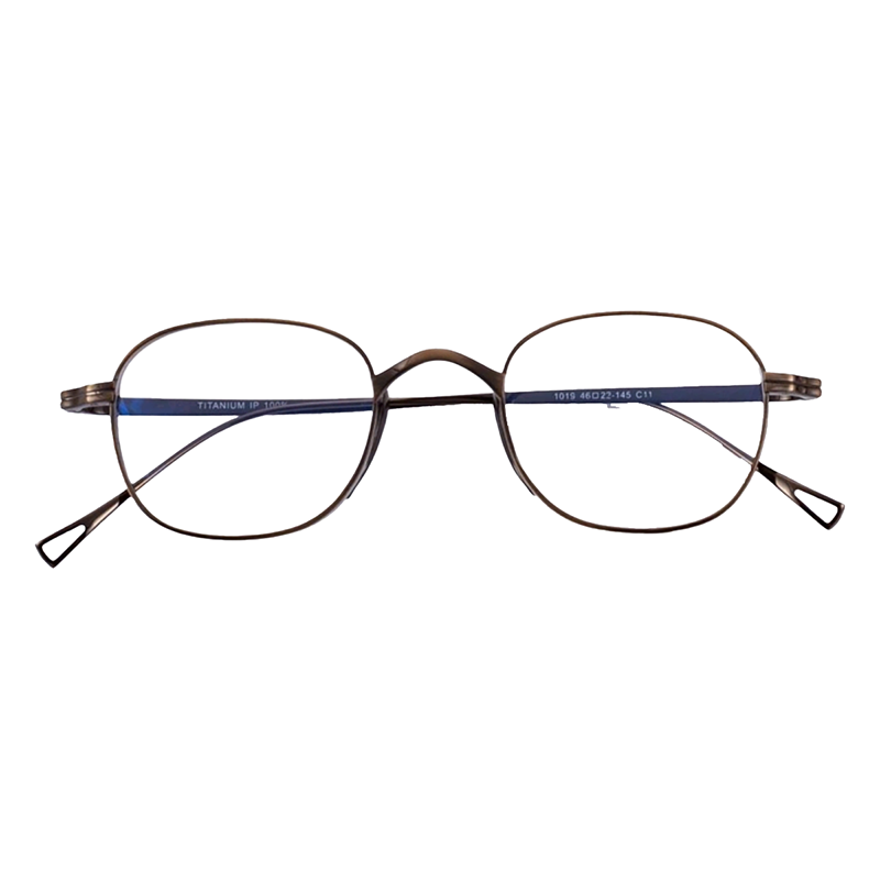 OpteLux ONC119 round eyeglasses in dark titanium finish with blue inner temples – front view