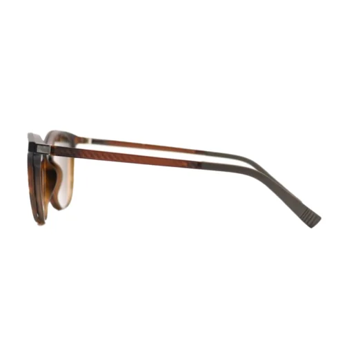 Side view of OpteLux OJO196 classic clip-on sunglasses with tortoise front and brown temples