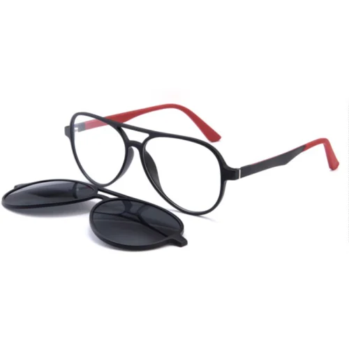 Clip-On Aviator Sunglasses OJO1914 with black-and-red optical frame and clip-on dark lenses