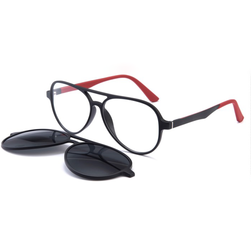 Clip-On Aviator Sunglasses OJO1914 with black-and-red optical frame and clip-on dark lenses