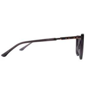 Side view of OpteLux OJO7828 black cat-eye sunglasses showing slim patterned temples