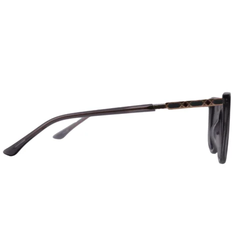 Side view of OpteLux OJO7828 black cat-eye sunglasses showing slim patterned temples