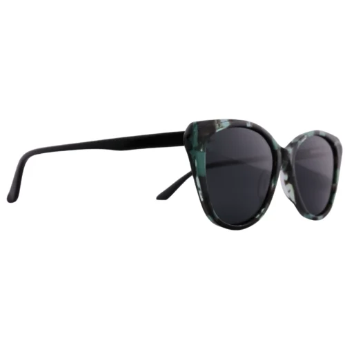 Optelux OJO6952 cat-eye sunglasses, three-quarter view in marbled green–black