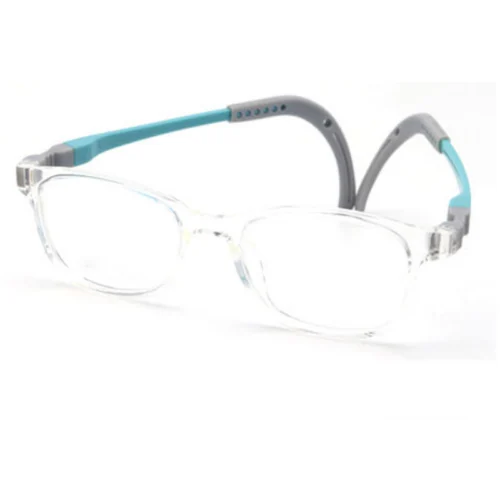 Kids’ eyeglasses with clear frame and teal-grey silicone arms – OpteLux OLB7207