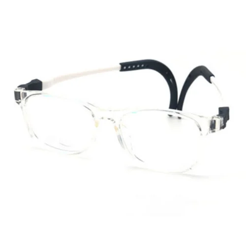 Clear OLB7208 kids glasses frames with white and black retention strap.
