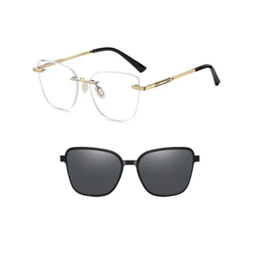 OpteLux OGD7107 gold rimless eyeglasses with black arms and solid smoke-grey magnetic clip