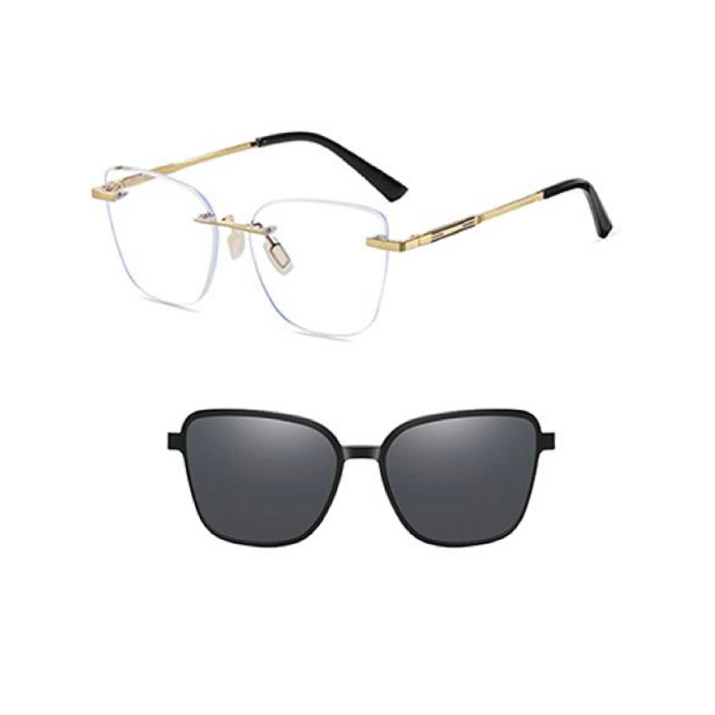 OpteLux OGD7107 gold rimless eyeglasses with black arms and solid smoke-grey magnetic clip