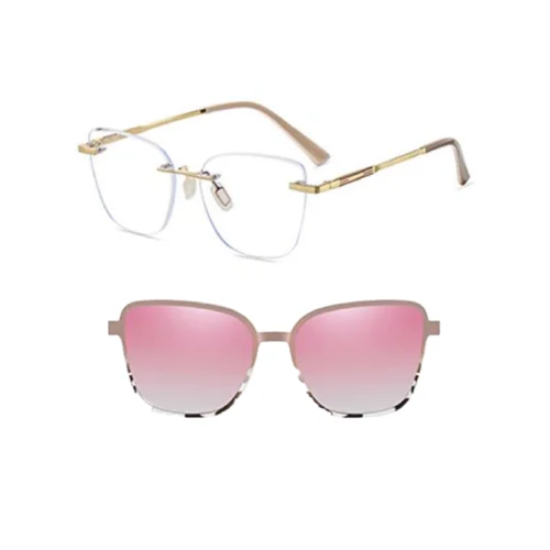OpteLux OGD7107 gold rimless eyeglasses with beige arms and blush-pink gradient magnetic clip