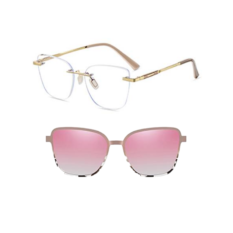 OpteLux OGD7107 gold rimless eyeglasses with beige arms and blush-pink gradient magnetic clip