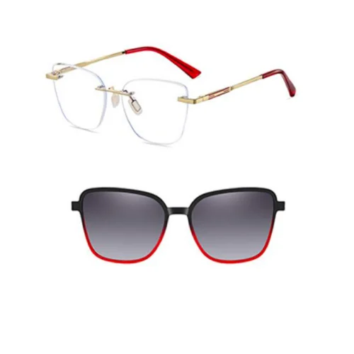 OpteLux OGD7107 gold rimless eyeglasses with red arms and black frame magnetic clip with red edge, grey gradient