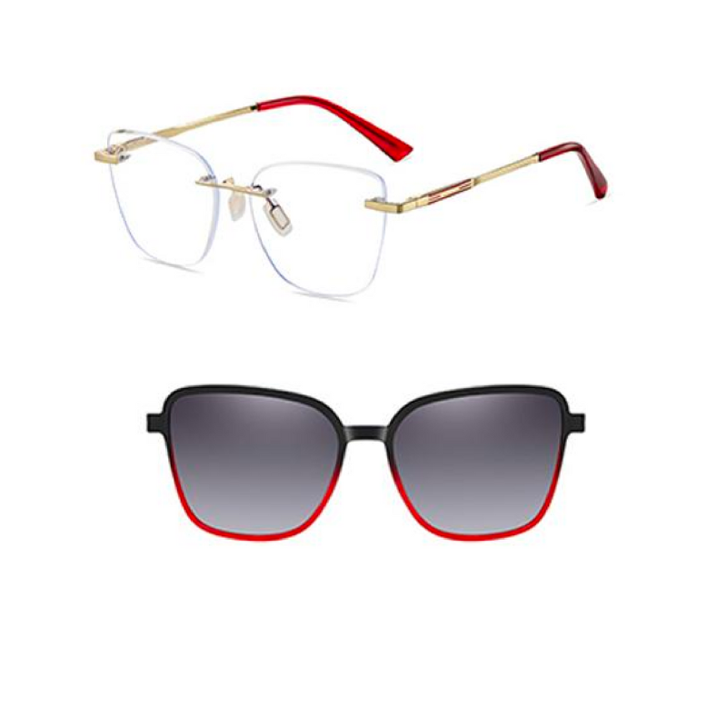 OpteLux OGD7107 gold rimless eyeglasses with red arms and black frame magnetic clip with red edge, grey gradient